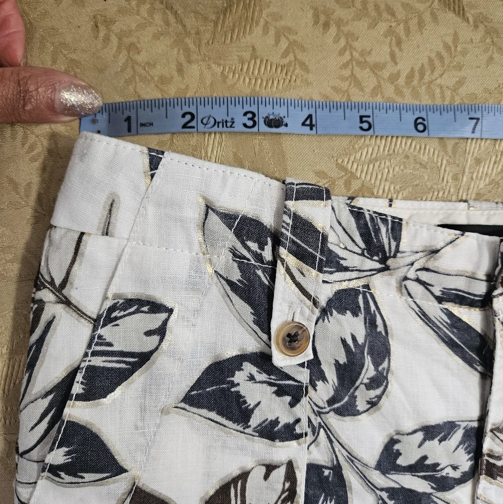 J. Crew Women's Pants Cropped Gold Foil Leaf Garden Pants w/Pockets 100% Linen